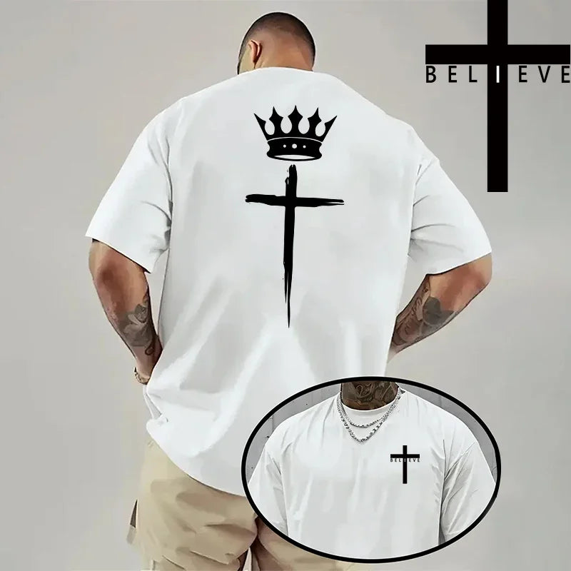 Men's Jesus Cross Print T-Shirt - Casual Short Sleeve Cotton Tee