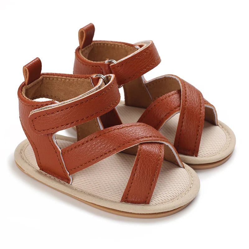 Baby Girls' Brown Leather Sandals - Soft Rubber Sole, 0-18 Months