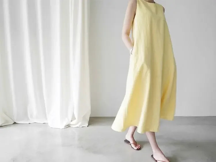 Korean Fashion Women Dress Casual Round Neck Loose Solid Color Casual Big Swing Sleeveless Long Linen Lazy Style Vestidos