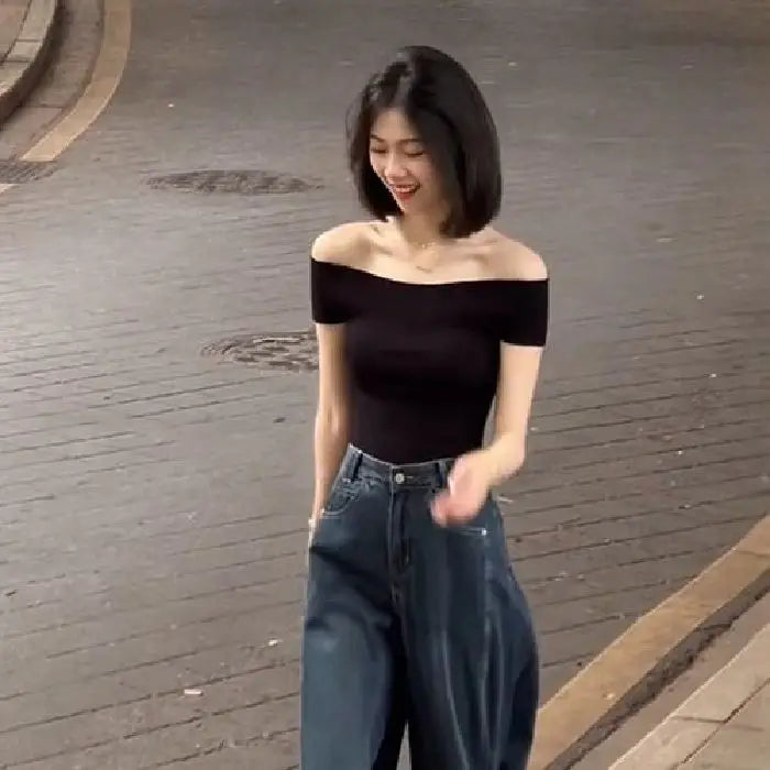 Shoulder Bared Knitted Short Sleeve T Shirt Women's Style Summer Edition Slim Fit Black Color Commute Fashion Creative Pattern