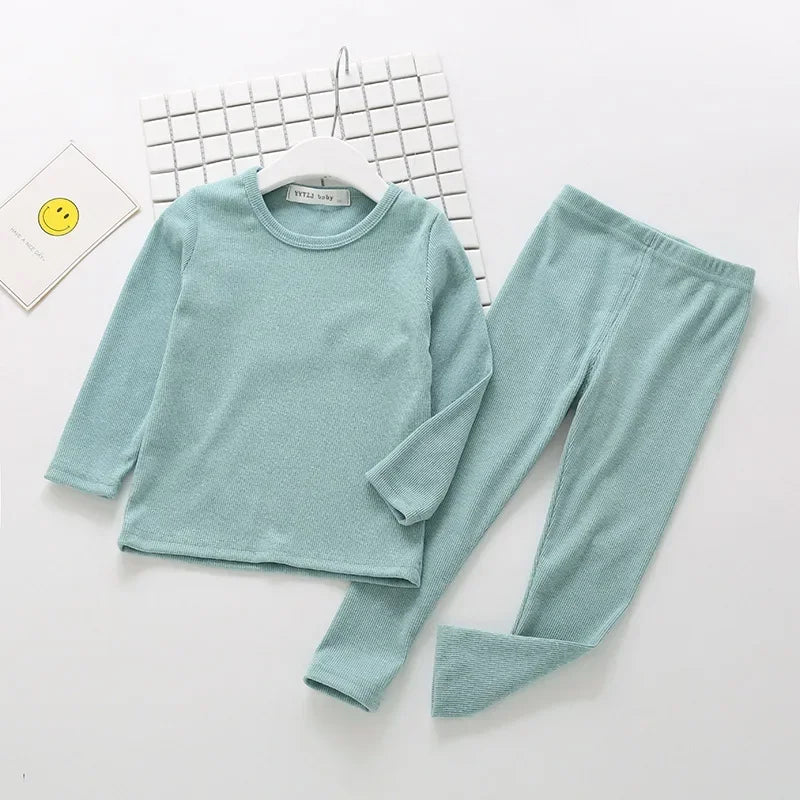 Kids Unisex Ribbed Cotton Pajama Set - Long Sleeve Pullover & Pants
