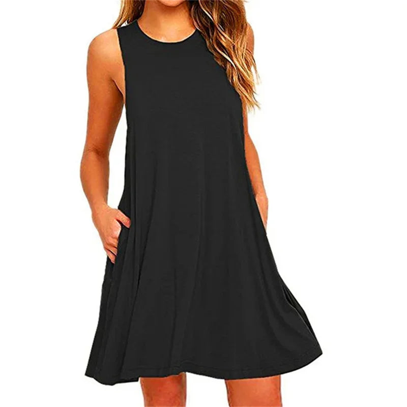Women'S'S Dress Summer Casual T Shirt Dresses Beach Cover Up Plain Pleated Tank Pockets Dress
