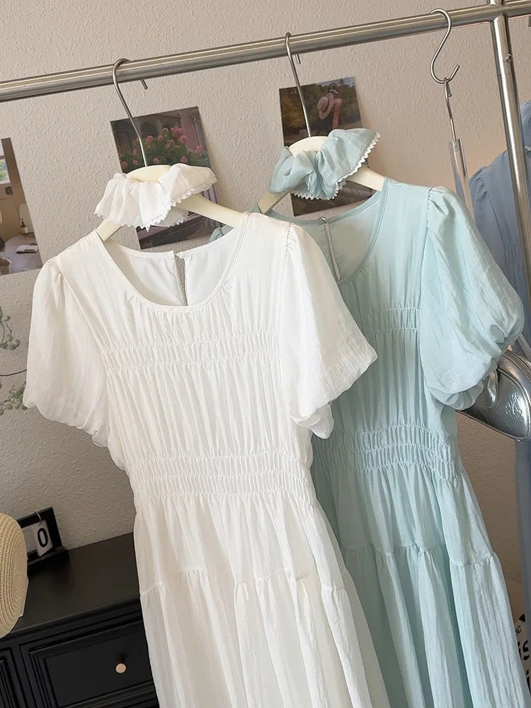 Temperament Dress 2025 Summer Korean Edition Reduced Age Bubble Sleeve Hundred Fold Waist Long Dress