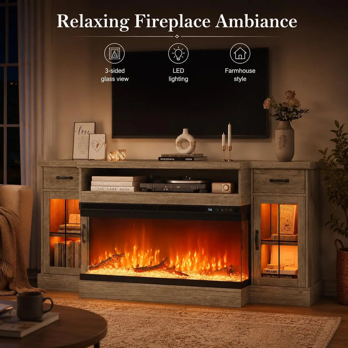 70" Farmhouse TV Stand with 3-Sided Electric Fireplace, Wash Grey