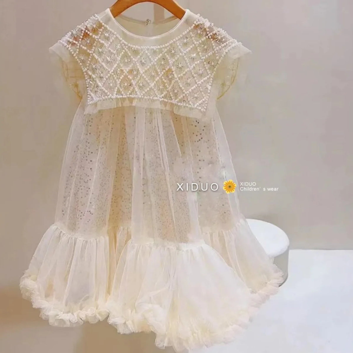 New Girls Princess Dress Casual Spring Summer Children's Wear Korean Pearl Neck Princess Dress Fashion Yarn Dress