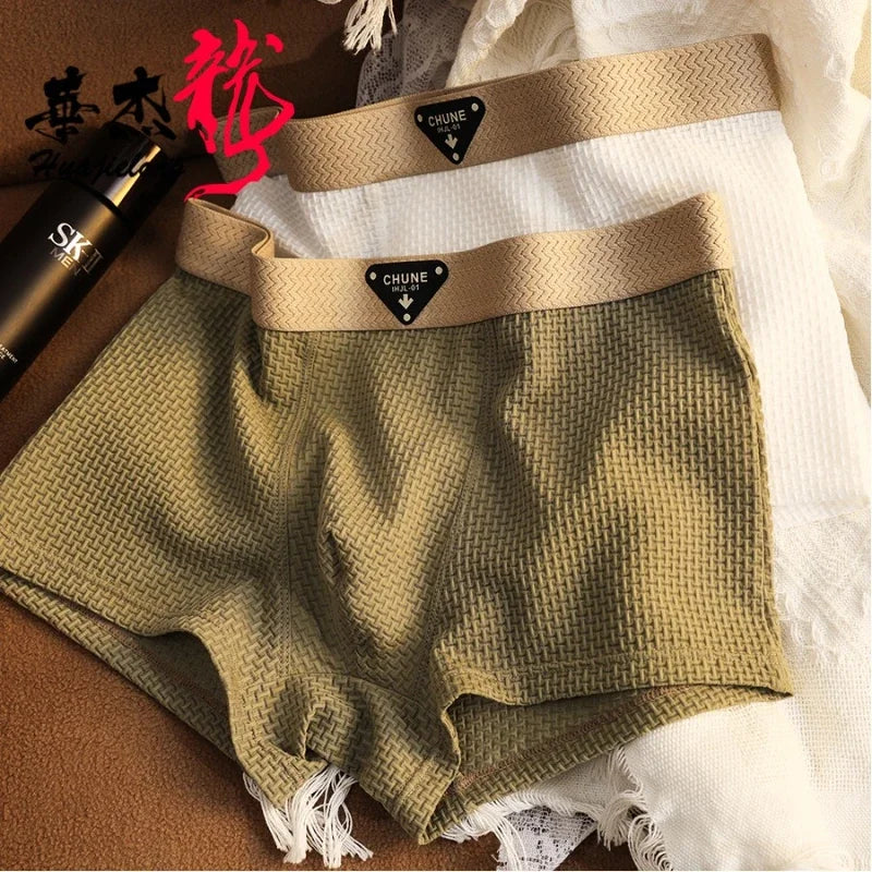 Summer Boxers Men'S Underwear Smooth Ice Silk Plaid Solid Panties Large Size Soft Breathable U Crotch High Elastic Underpants