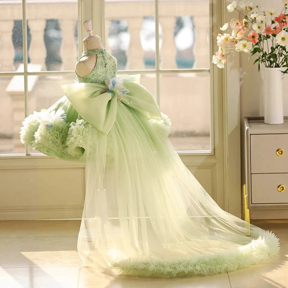 2026 Girls' Sage Light Green Tulle Knee-length Party Dress Floral Embroidered Lace Birthday Princess Ball Gown for 1-14Yr Girls