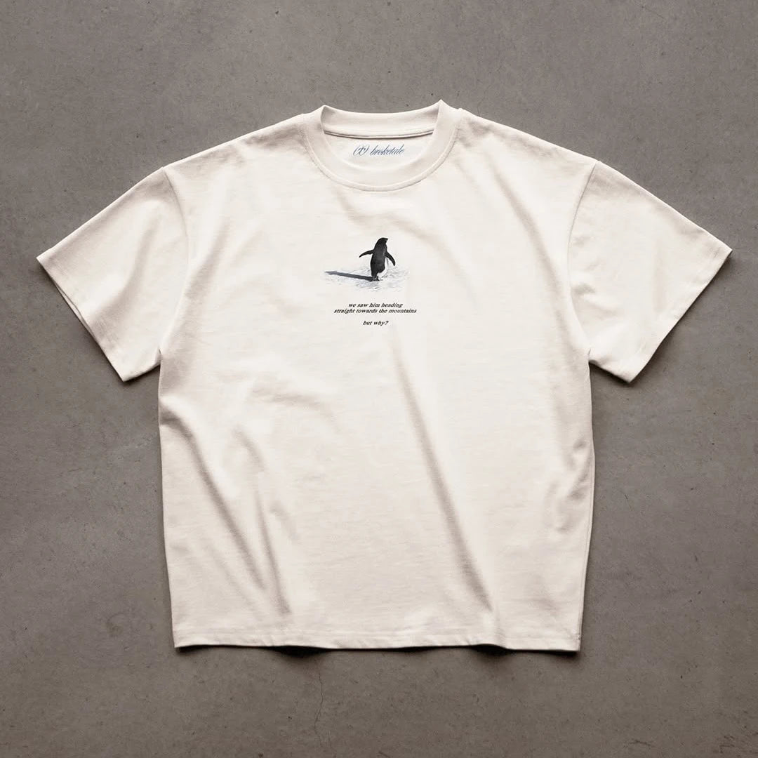 Y2K Men's T-shirt Fashion Broketale Snow Mountain Penguin Print Graphic Round Neck Shirt Oversized Unisex Casual Men's Clothing