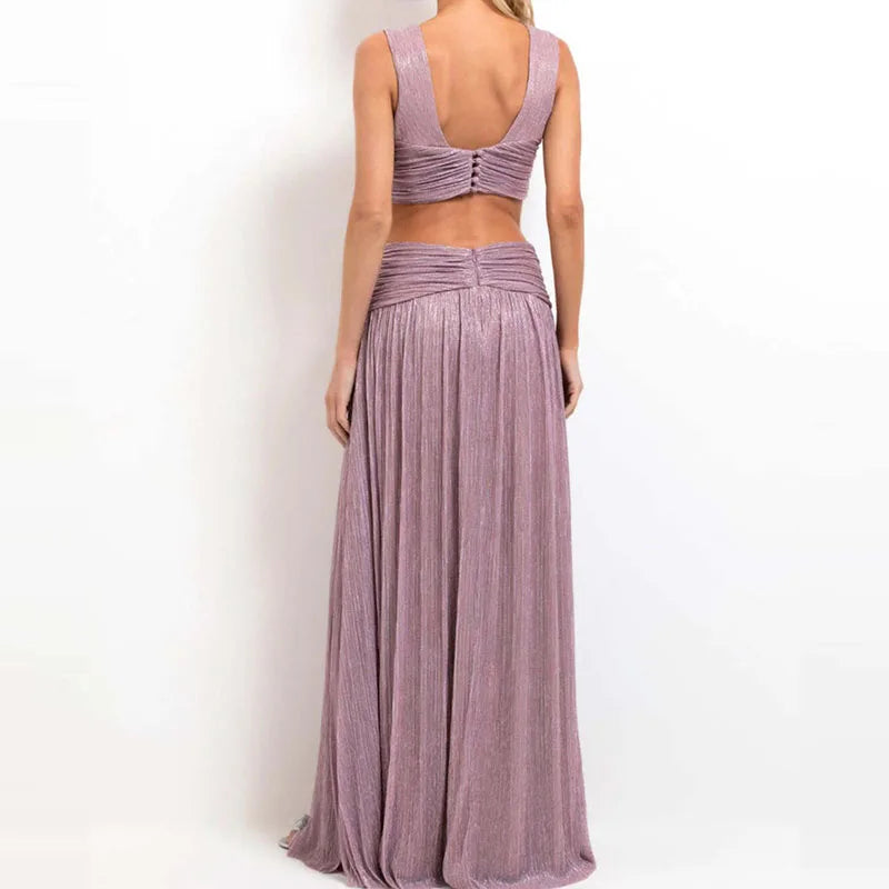 Lady Trendy Backless Sleeveless Banquet Dress Temperament High Waist Women's Pleated Dress Elegant Hollow Out V-neck Party Dress