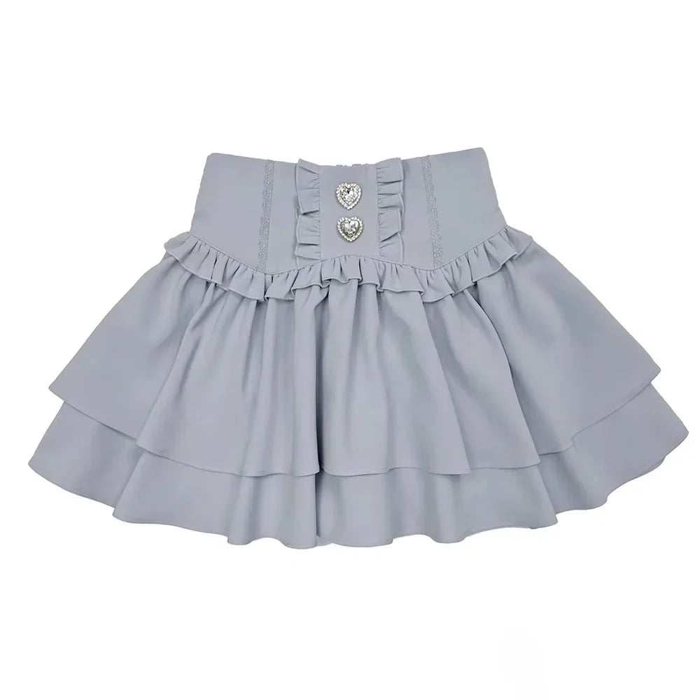 Japanese Cute Sweet Y2k Lolita Cake Skirt Women Hight Waist Rhinestone Plaid Ruffled Layered Skirts Kawaii A-Line Mini Skirts