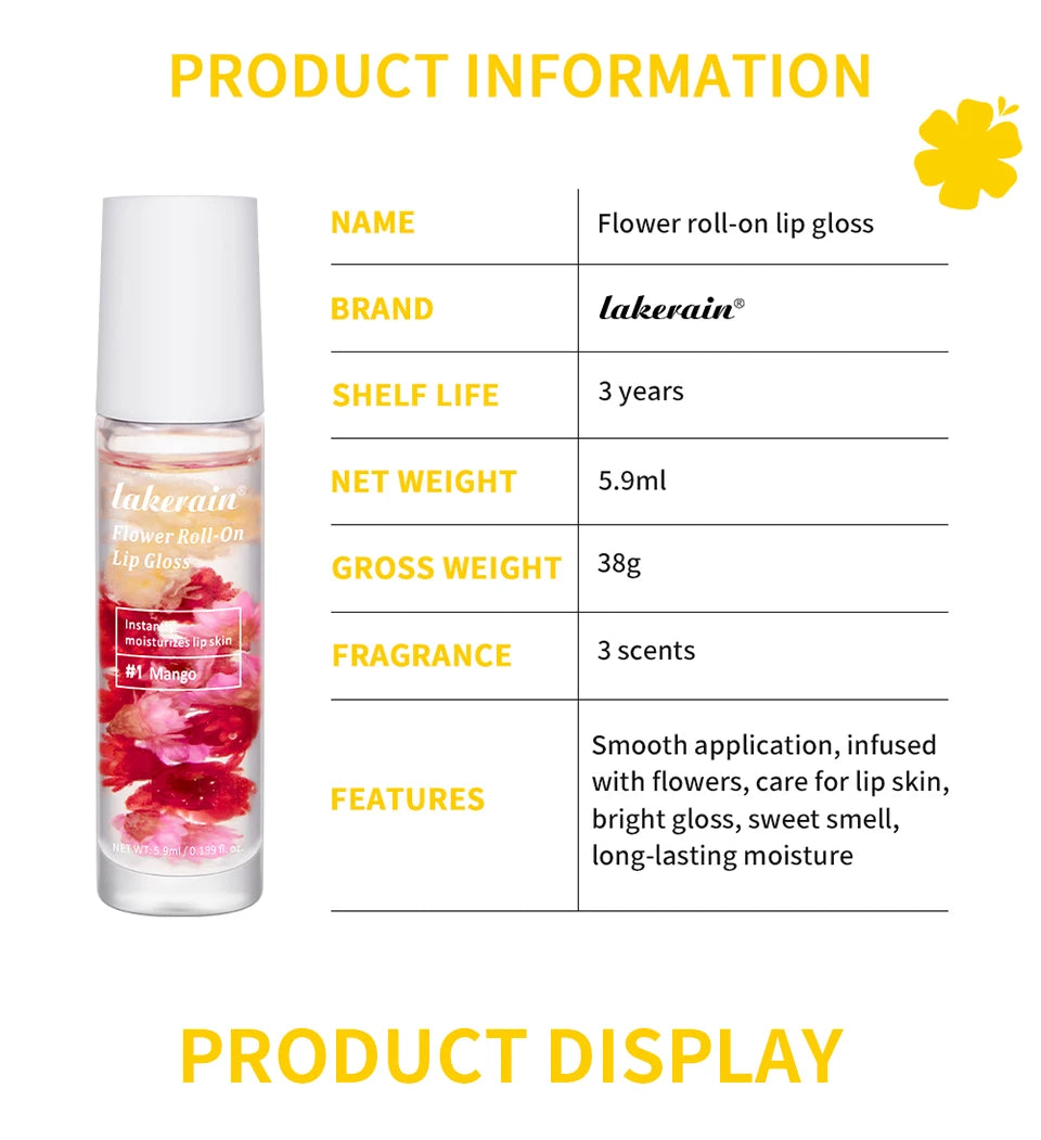 Lakerain Flower Roll-On Lip Gloss Fruit Flavor Sweet Taste Soften Lip Skin Long Lasting Gloss Deep Moisturizing Bright Gloss