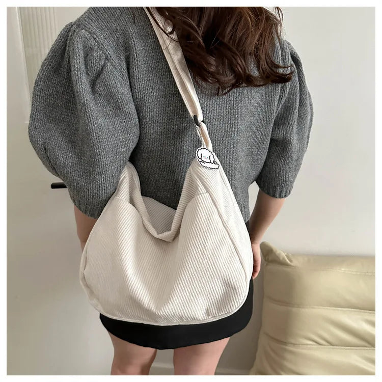 Women’s Corduroy Shoulder Bag, Casual Striped Large Capacity Tote with Zipper Closure, Cute Hat Patch, Perfect for Everyday Use