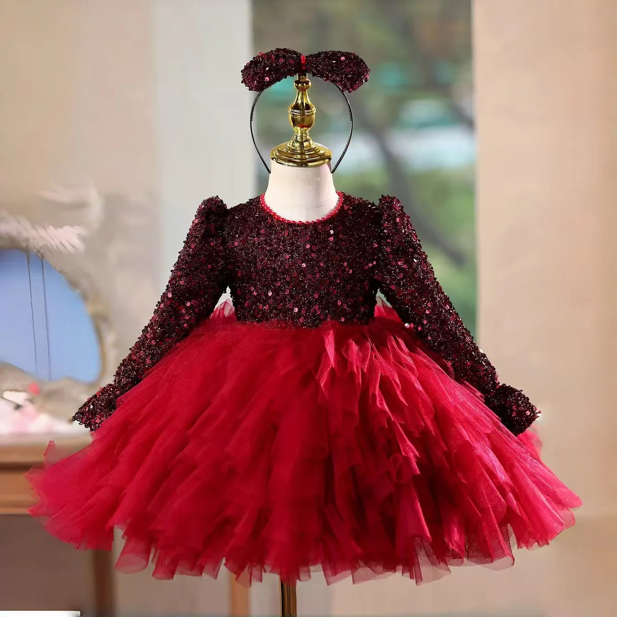 Dreamy Vow D204 Christmas Flower Girl Dress Knee Length Long Sleeve Princess Kids Wedding Birthday Festival Party Pageant Gown