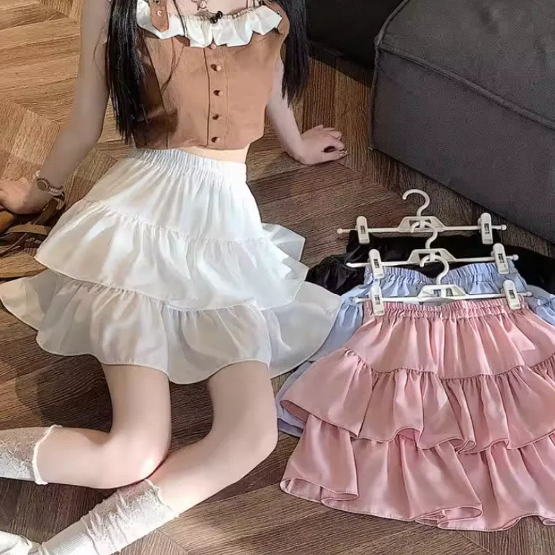 Ruffled Cake Skirts for Women High-waisted A-line Solid All-match Sweet Lovely Girls Korean Style Gentle Spring Kawaii Casual