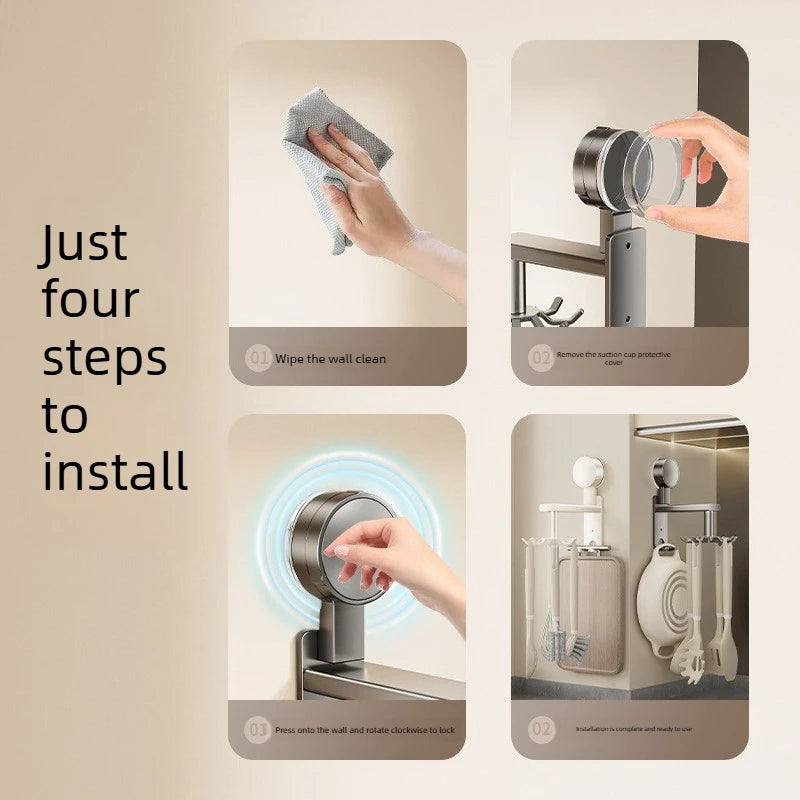 Suction cup hook rotating kitchen no drilling space aluminum multifunctional spatula hanging rack storage wall mounted shelf