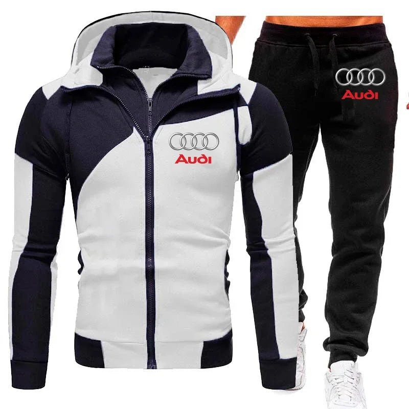 Tracksuit Audi Car Logo Print Sportswear 2 Pieces Sets Warm Fleece Clothing Hooded Sweatshirt+Pants Sport Suit Audi Men Clothing