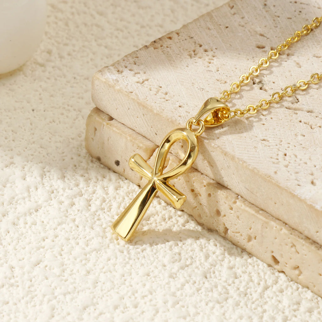 Religious Key Of Life Ankh Egyptian Cross Pendant Charm Necklace Brass 46Cm(18.1") + 6Cm(2.4"), For Women'S Hollow Retro
