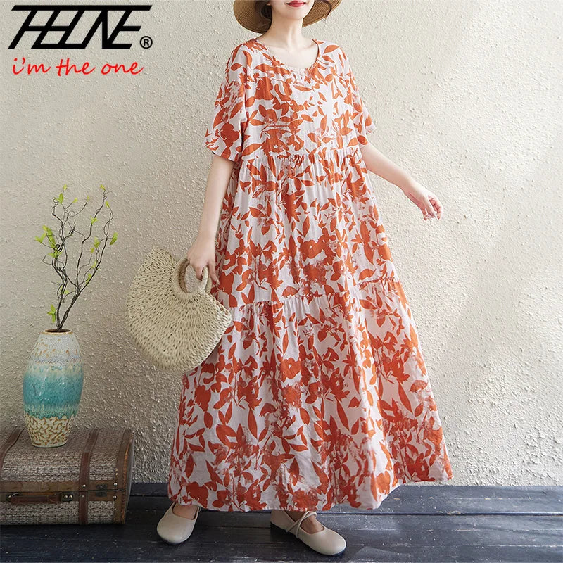 THHONE Vestido Feminino Summer Dresses for Women 2025 Bohemian Holiday Floral O Neck Short Sleeve Casual Print Women's Clothes