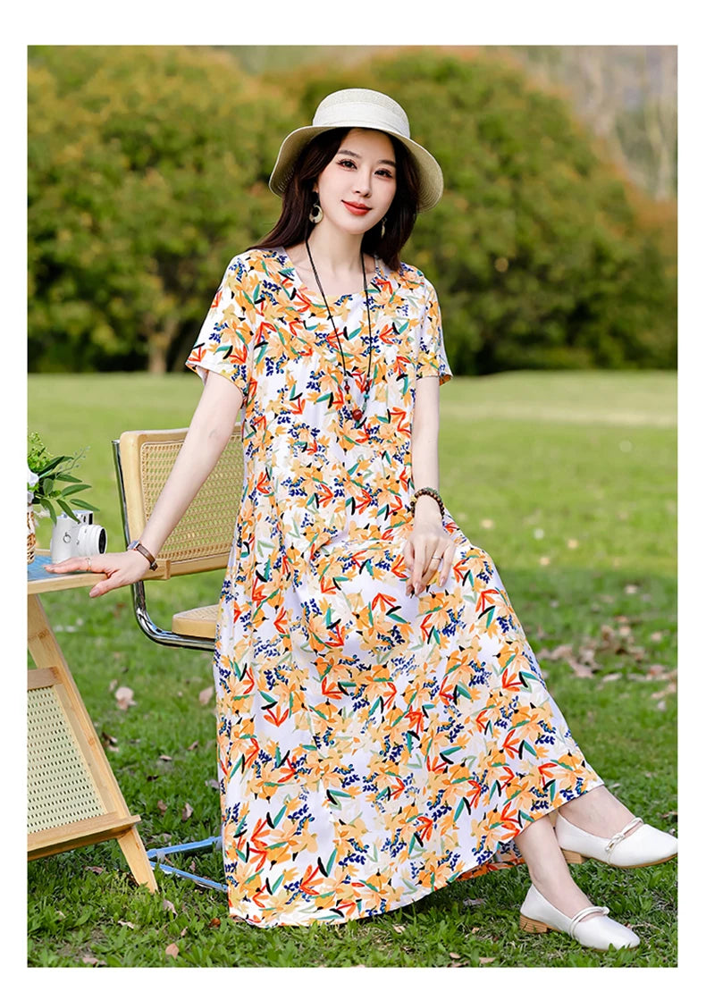 New Print plus size 2026 New Fashion Floral Printed Summer Dress Vestidos Elegant Short Sleeve Slim O-Neck Party Women clothing