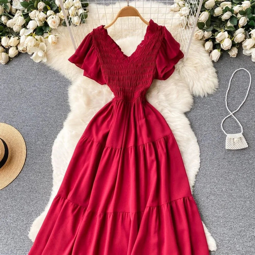 YuooMuoo Luxury French Red Black Maxi Party Dress Elegant V Neck Other Material 100% Autumn 2024 Ladies Dress