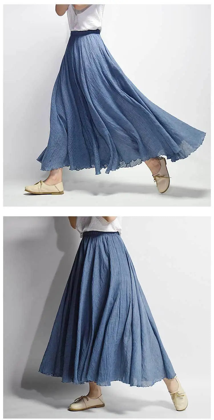 New In 2026 Spring Summer Woman Cotton Linen Midi Skirt Solid Color Loose Flared Pleated A-line Skirt Female Sweet Elegant Skirt