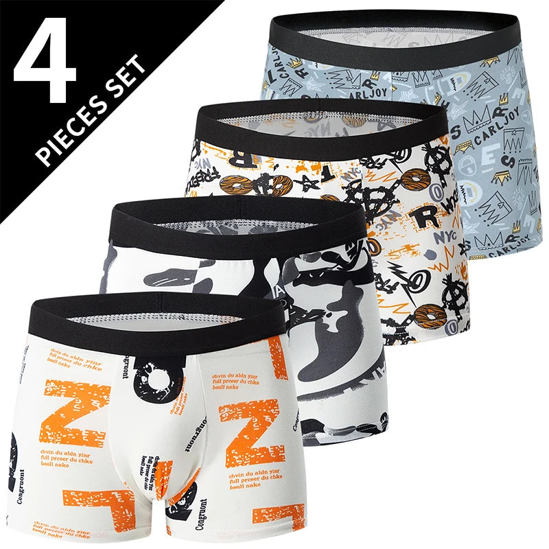 Men's Printed Boyshorts Plus Size Underwear Set For Men With Comfortable Waistband European American Sizes 4 To 5 Pieces