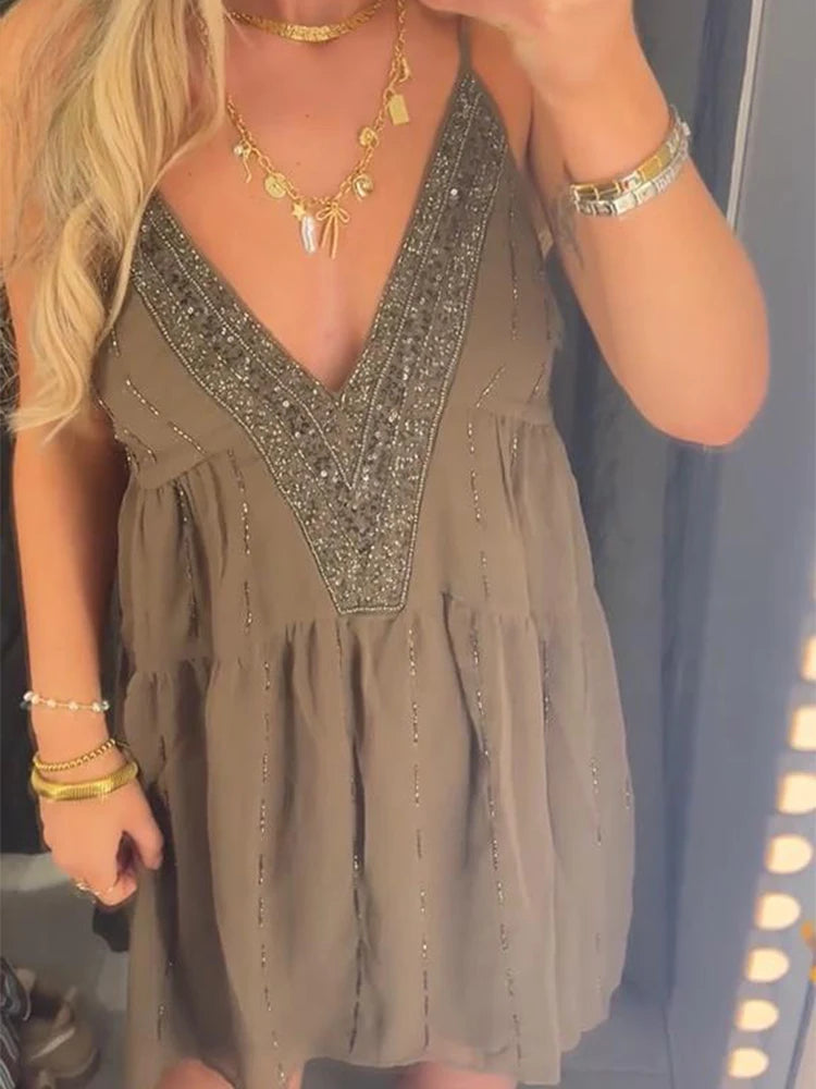 Sequins Bead Snowflake Midi Dress Women'S Fashion Sleeveless Backless Ruffle Pleated Dresses 2026 Summer Evening Vestido