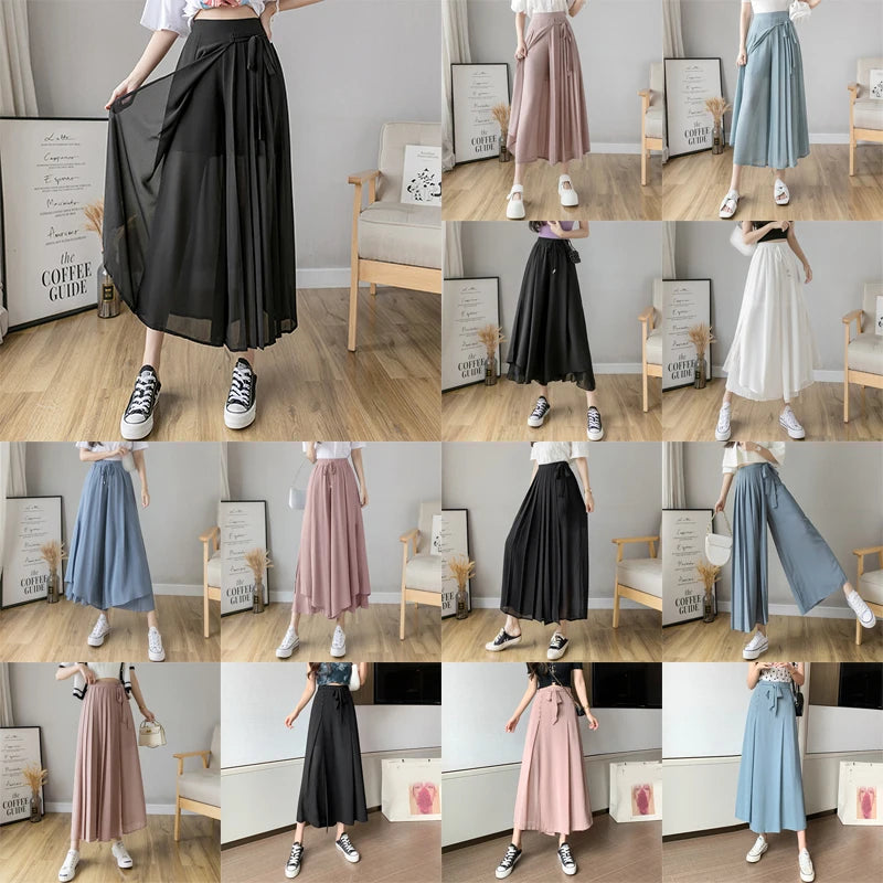 Summer Elastic Pleated Skirt Women Chiffon Trouser Skirt High Waist Casual Wide Leg Pants Fashion Streetwear Pants Pantalones