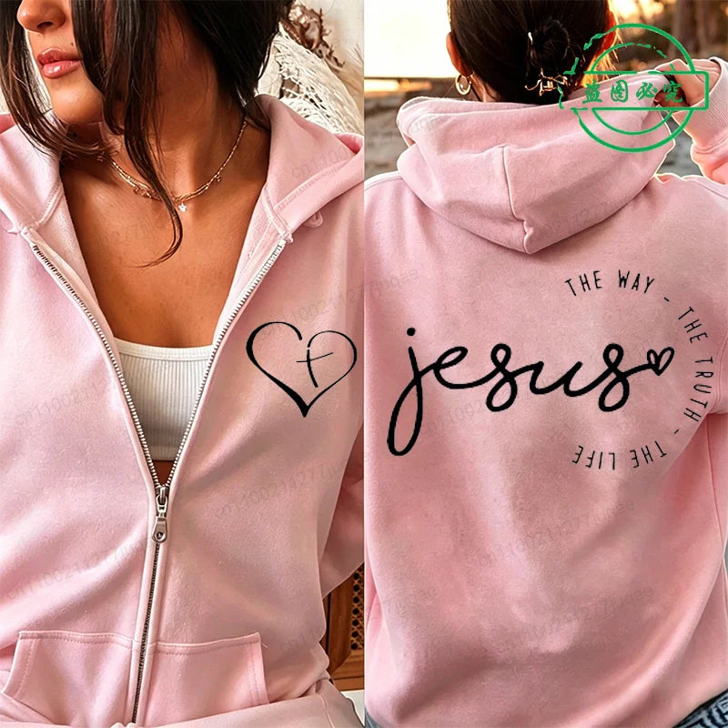 Jesus Print Fleece Hoodie - Women's Long Sleeve Casual Pullover