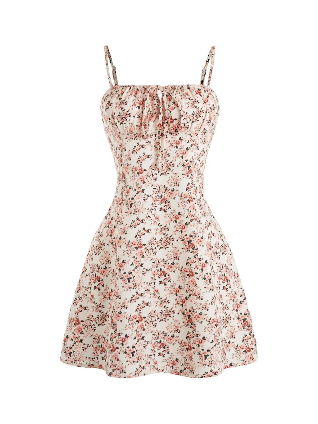 Women Sleeveless Cami Dress Floral Printed Tie Strap Square Neck Ruched Flowy Short Dress for Beach Vacation