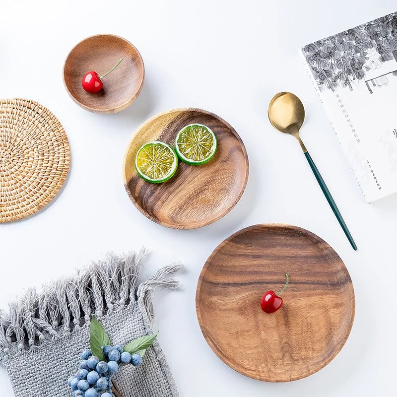 Wooden Dinner Plates Household Round Coffee Tray solid wood Tea saucer ins Japanese style dim sum For Food Snack Dishs