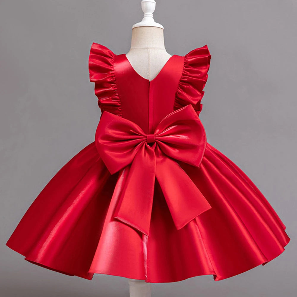 HETISO 1-6 Years Girl Princess Dress Ruffle Sleeve Kids Puffy Satin Dresses Children's Ball Gown for Birthday Holiday New Year