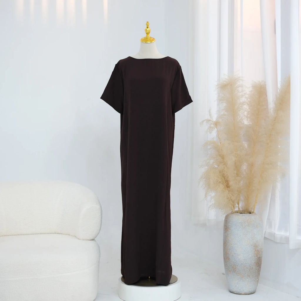 Modest Short Sleeve Women Inner Dress Basic Abaya Muslim Eid Ramadan Round Neck Maxi Loose Casual Long Versatile Fashion Kimono