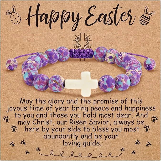 Pulsera de cruz para mujer, ajustable, con cuentas de piedra natural, joyería de fe cristiana para uso diario