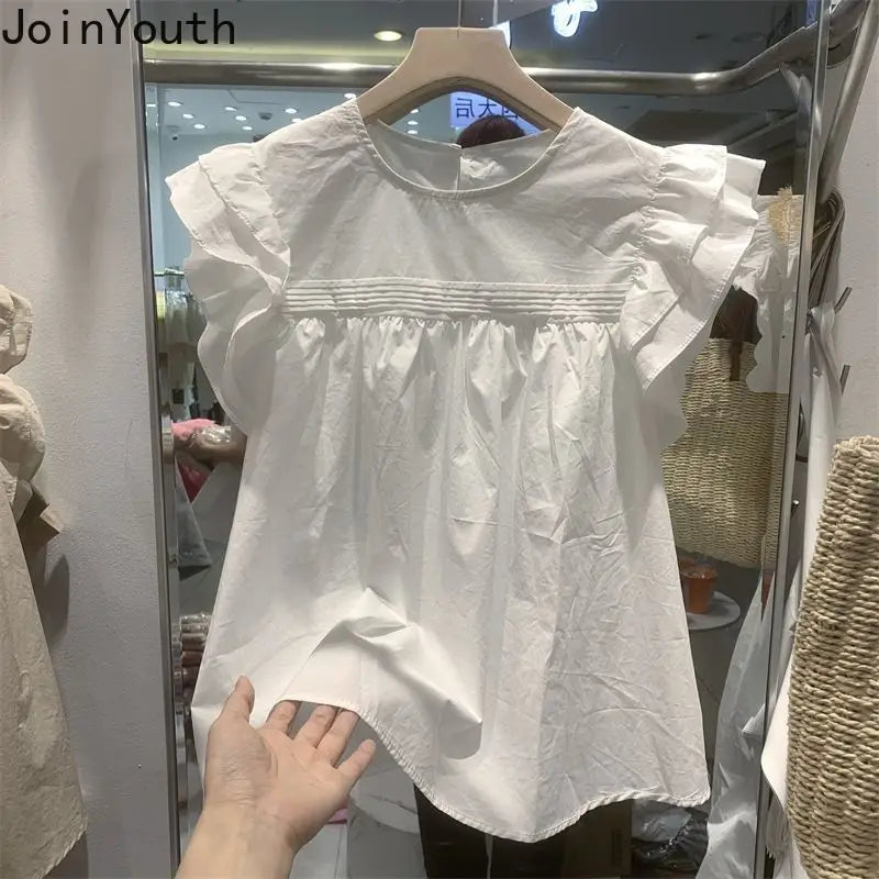 Women's Korean Style Ruffle Blouse – Loose O-Neck Flying Sleeve Vintage Top