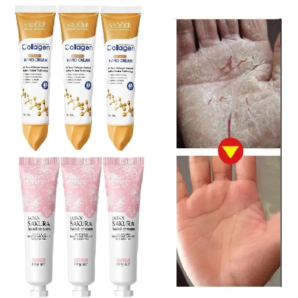 3pcs Sakura/Collagen Hand Cream Hydrating Moisturizing Cherry Blossom Essential Oil Deep Repairing Smoothing Hand Care Cream