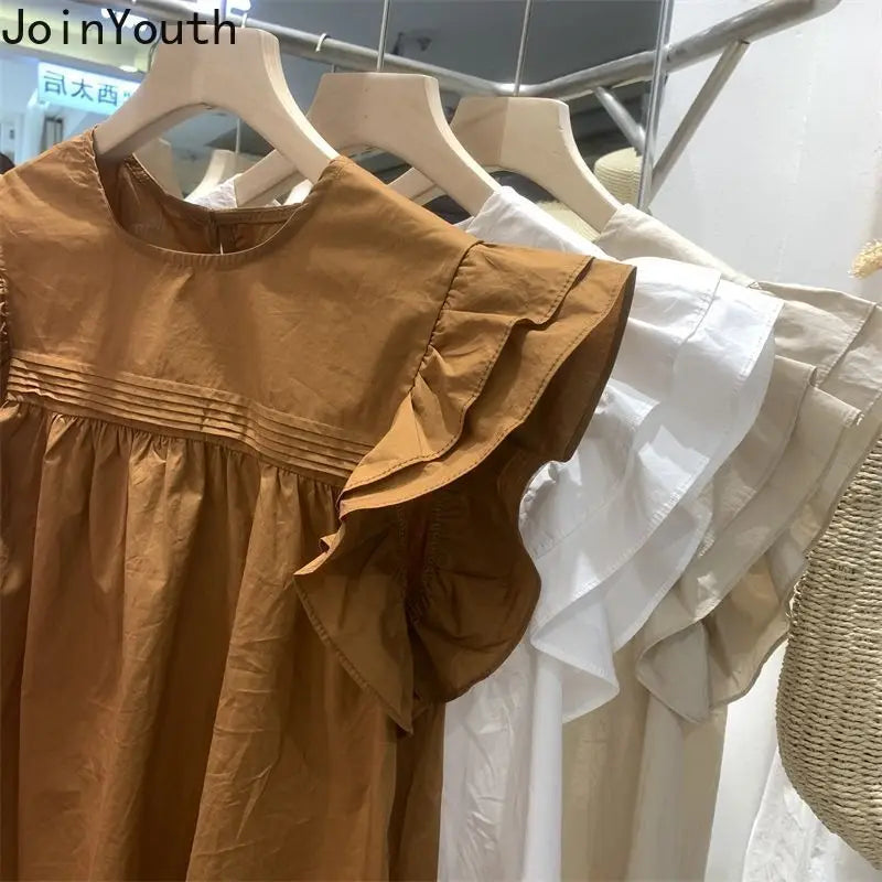 Women's Korean Style Ruffle Blouse – Loose O-Neck Flying Sleeve Vintage Top