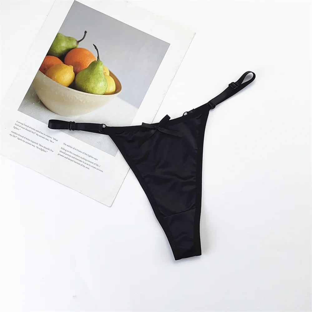 3PCS/Set Glossy Satin Pink Thong Adjustable Low Waist Women Smooth Silk G-string Sexy Plus Size Panty Set Underwear