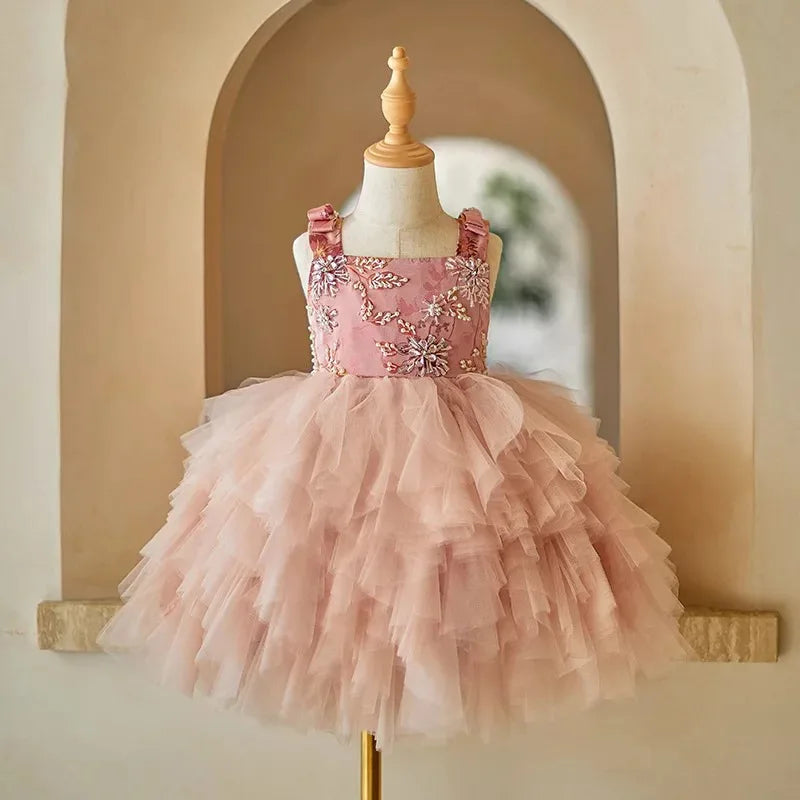Party Dresses For Girls Vestido Children Pink Strapless Kids Tulle Tutu Gown Costume Dress Celebration Outfit Matching Birthday