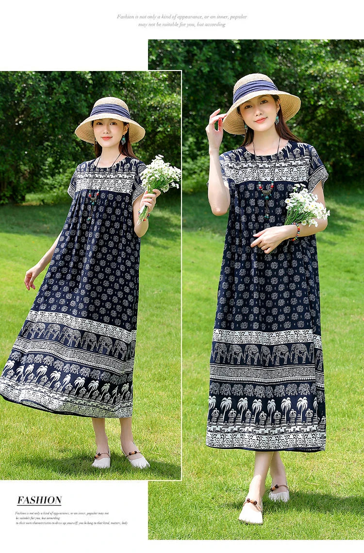 New Fashion Casual 2025 Summer Elegant Dresses For Women O-Neck Print Vintage Short Sleeve Dress Loose Women Clothing