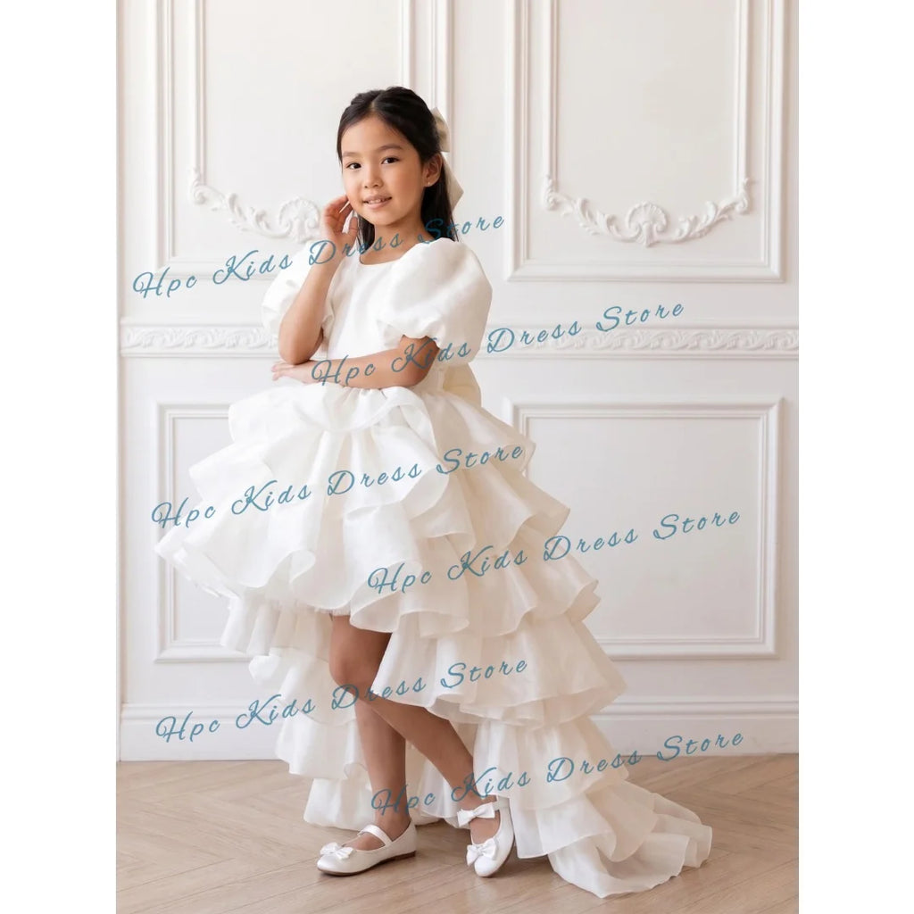 Custom White Tiered Tulle Flower Girl Dress Wedding High-Low Puff Sleeve Gown for  Birthday Party Kids Formal Wear