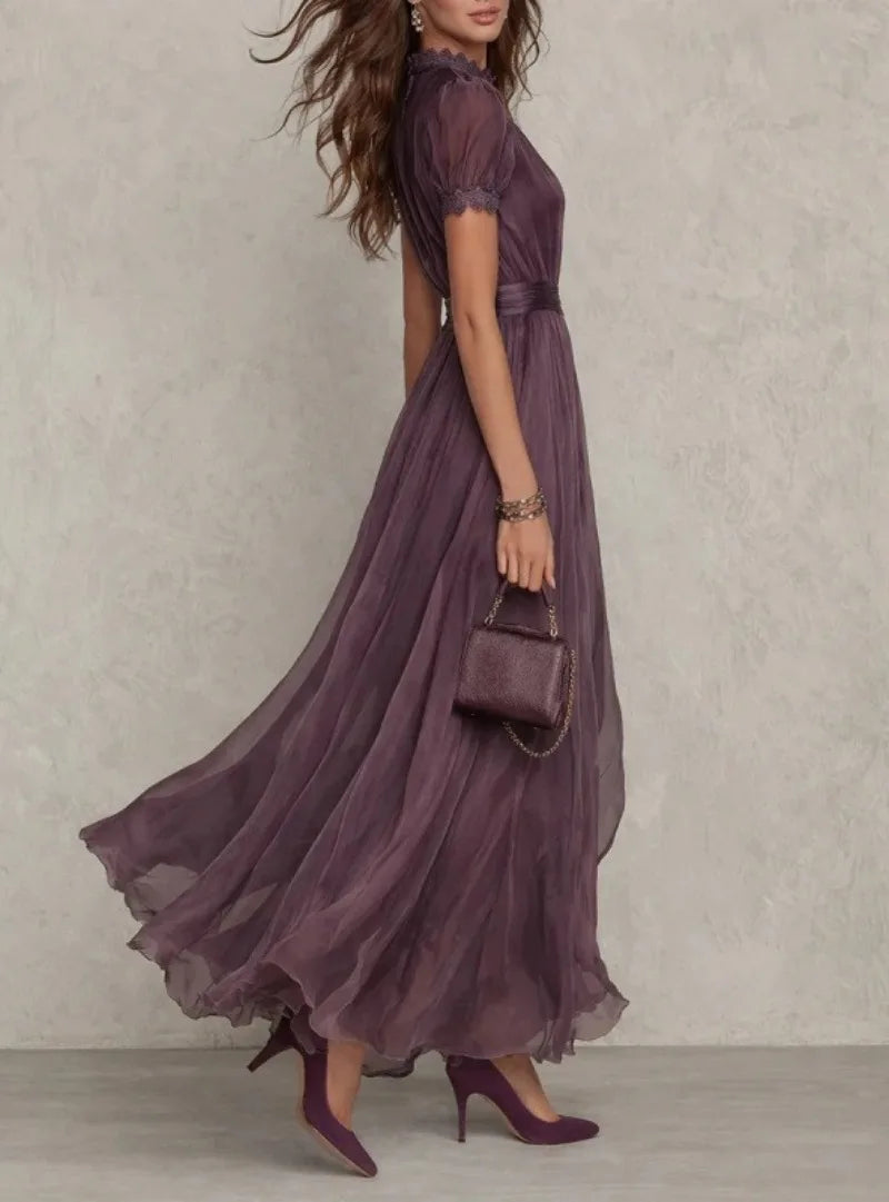 Elegant Chiffon Lace Trim Midi Dress Stand Collar Neck Puff Sleeve Cinched Waist Draped A Line Flowy Women's Casual Dresses
