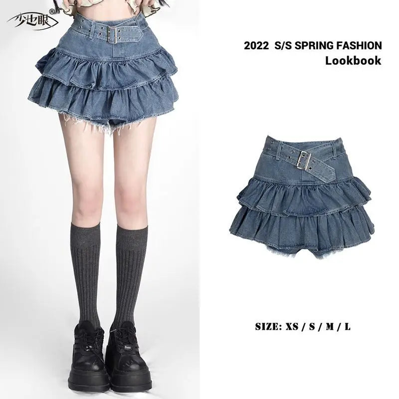 Mini Denim Skirts Women Summer Japanese Style Sweet Heart Ruffles Design Y2k Chic High Waist Distressed Aesthetic Fashion Faldas