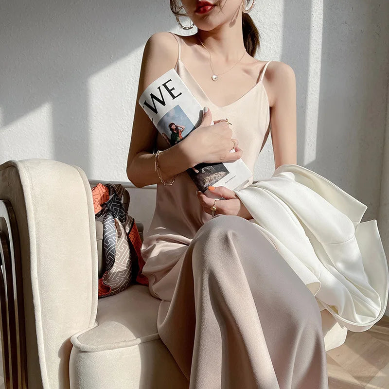 Sexy Solid Color Camisole Nightgown for Women Midi Length Sleeveless Slip Dress Inner Layer Base Dress Home Sleepwear Nightwear
