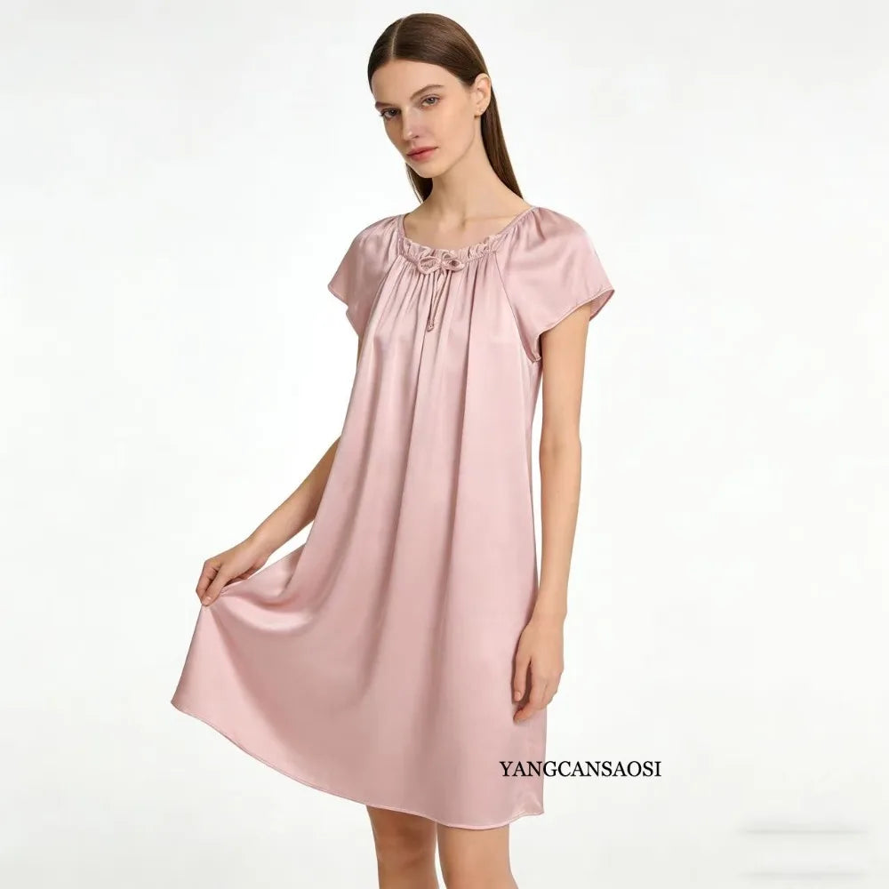 Women's Summer Casual Clothing 100% Natural Mulberry Silk Plain Satin Loose Short Sleeved Solid Color Princess Nightdress