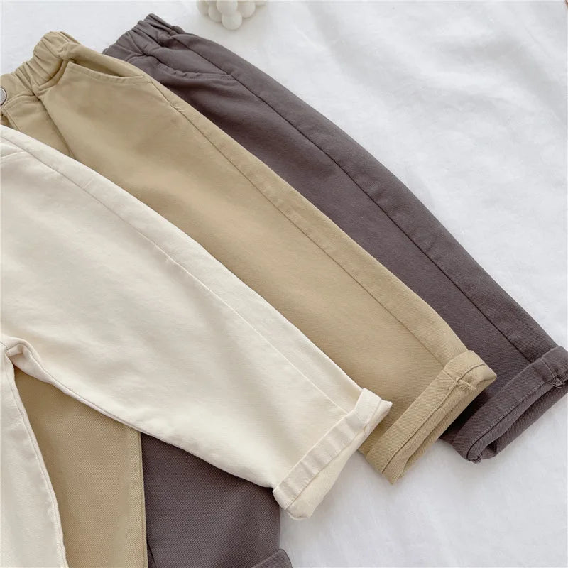 2-7Y New Autumn Casual Pants Solid Color Elastic Waist Pants with Side Pockets for Boys Girls Cotton Trousers Daily