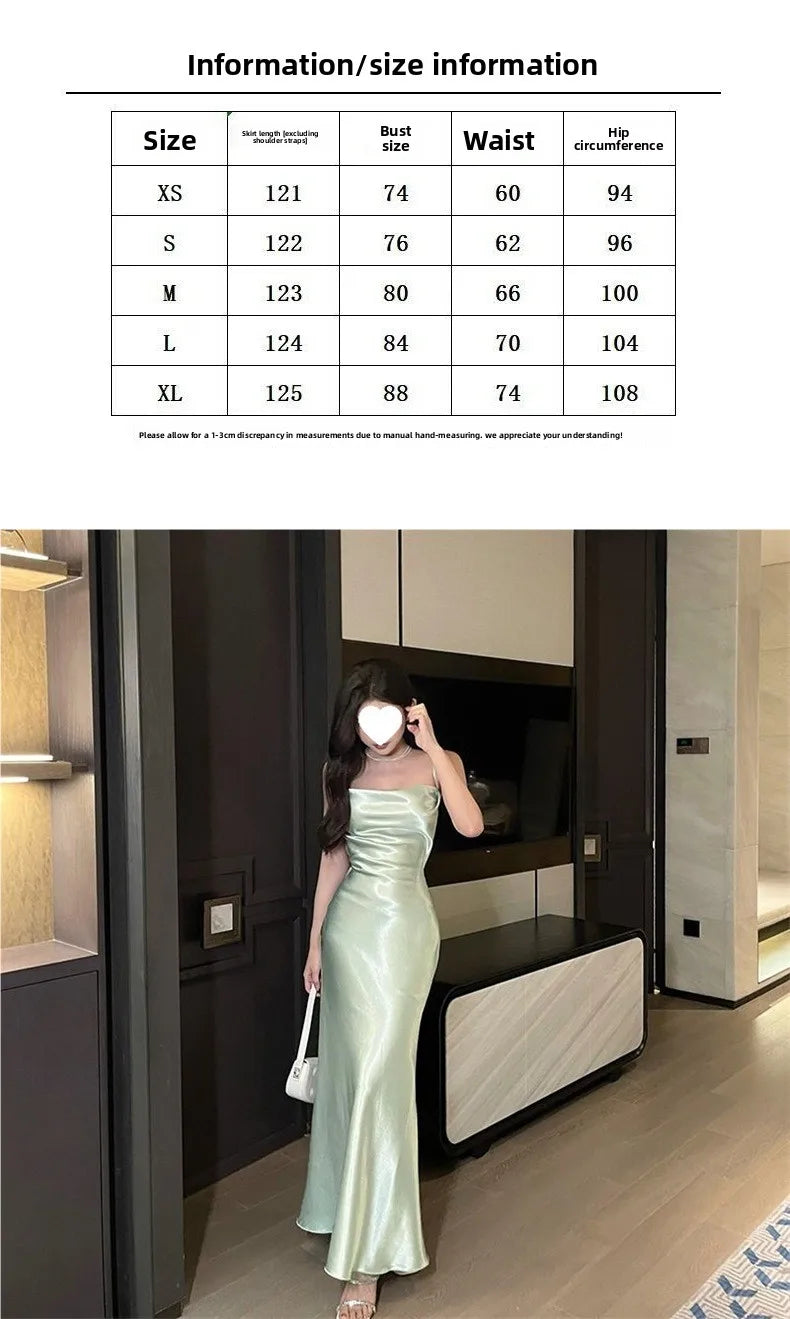Elegant French Style Sling Satin Wrap Waist Slimming Long Dress Women's Fashion 2026 New Knitted Fabric Midi Skirt Dress