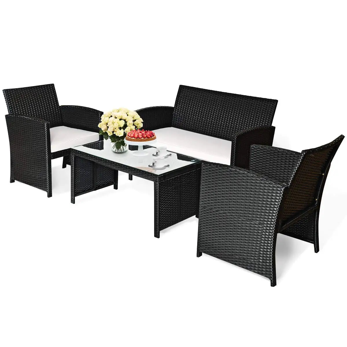 Outdoor Rattan Wicker Patio Furniture Set 4 Pieces Sofa & Table W/Cushions & Tempered Glass For Garden Lawn Backyard, Customized