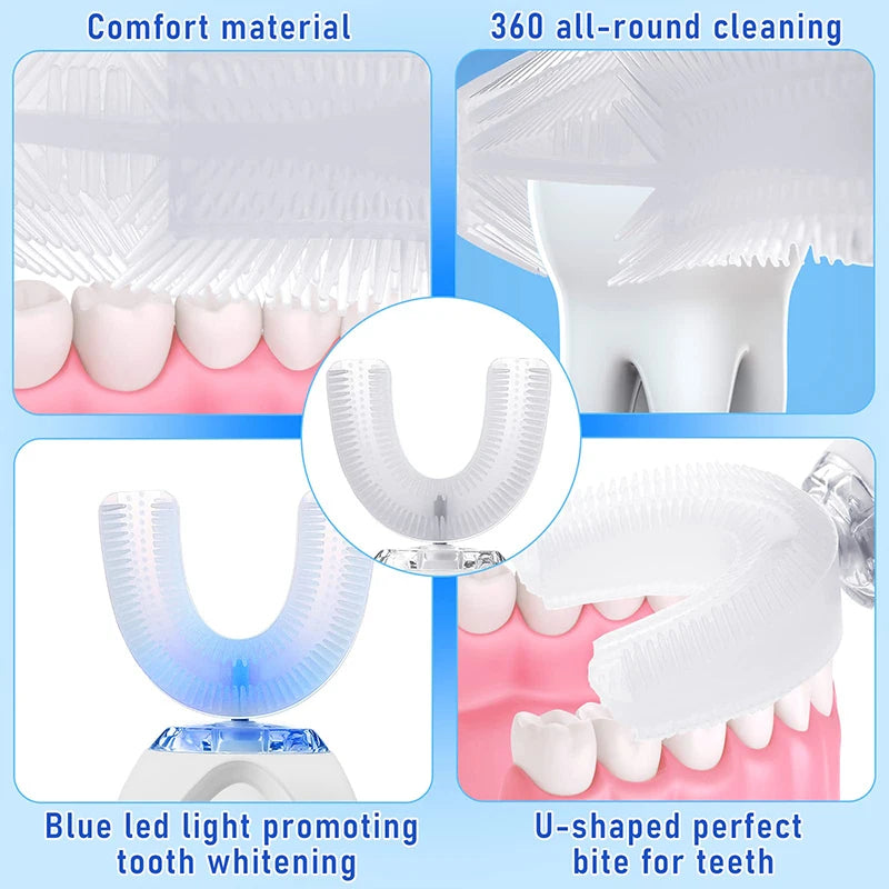 Professional Protable Electric Toothbrush Adult Automatic Rechargeable Hands Free 360 Cleaning U Shape Toothbrush