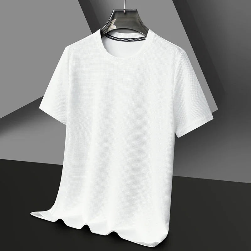 New Summer Waffle Round Neck Short Sleeved T-Shirt For Men'S Short Sleeved Top